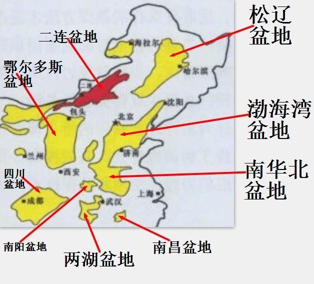 在地质学界绘画的几种中国盆地主要分布图,它的面积远大于吐鲁番盆地.