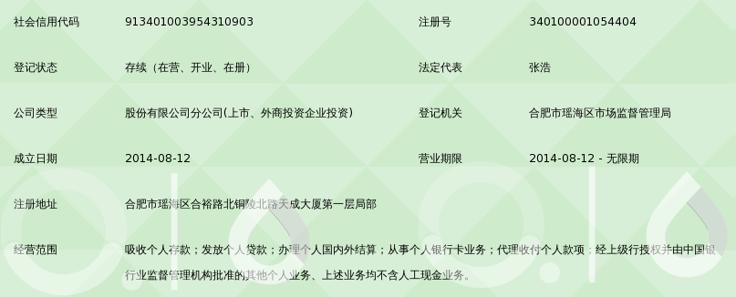 兴业银行股份有限公司合肥宝业城市绿苑社区支行