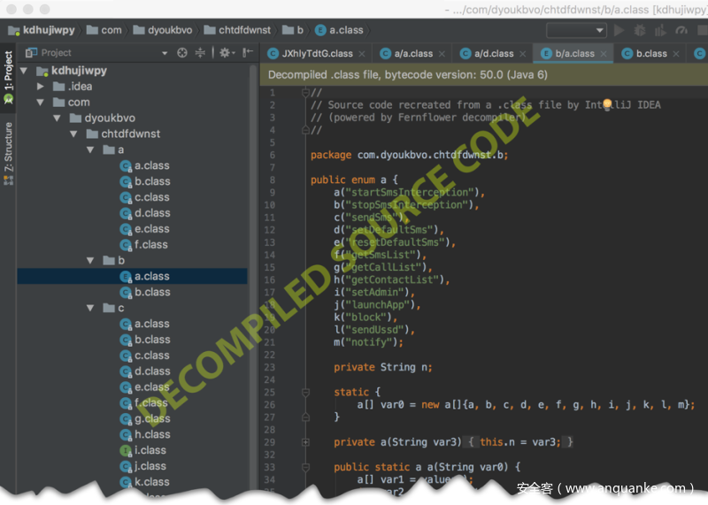 Android恶意软件被反编译。在这个屏幕截图中显示的是Bot的命令 Android恶意软件被反编译。在这个屏幕截图中显示的是Bot的命令