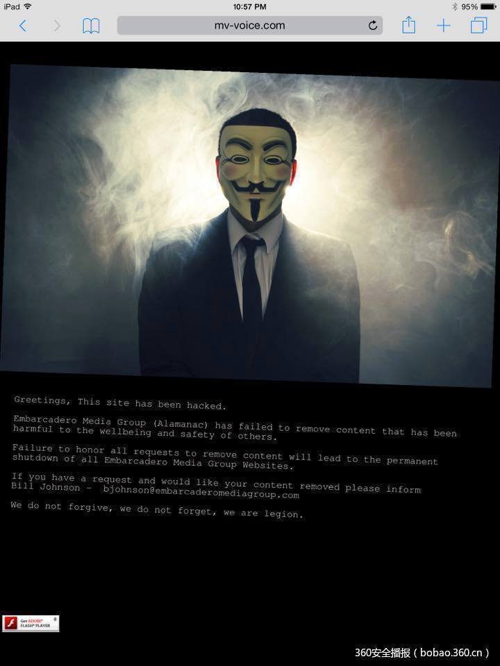 匿名者黑掉embarcadero新闻网站抗议网站发布有害内容