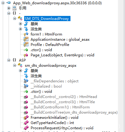 App Web_downloadproxy.aspx.30c36336 (0.0.0.0) SM DTS forml : HtmlForm Applicationlnstance : global_asax Profile : DefaultProfile .ctorO : EventArgs) : void {l ASP proxy_aspx fileDependencies : object initialized : bool .ctorO : BuildControl_contr0120 : HtmlHead BuildControl_contr0130 : Html Title BuildControlformIO : HtmlForm B u dControlT proxy_a spx) Frameworklnitialize() : GetTypeHashCodeO : int ProcessRequest(HttpContext) : void