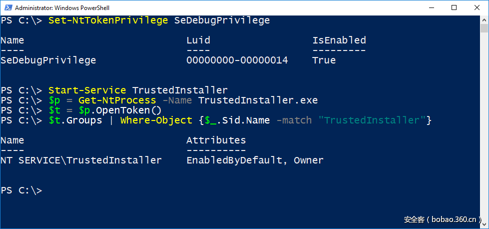 PowerShell window showing capturing the token from TrustedInstaller process.