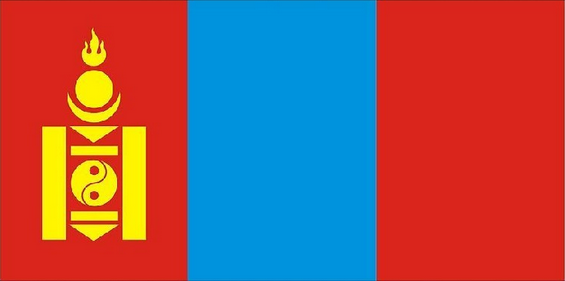 蒙古国旗呈长方形,长宽比例2:1,是由两块红色及一块蓝色作为背景,靠